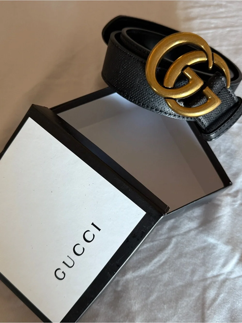 Black Leather Men's Belt with Gold Double-G Buckle 130 cm 50” Across New w/ Box
